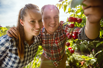 Image showing Young and happy farmer\'s couple at their garden in sunny day