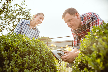 Image showing Young and happy farmer\'s couple at their garden in sunny day