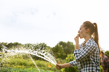 Image showing Young farmer working at his garden in sunny day