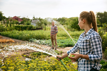 Image showing Young and happy farmer\'s couple at their garden in sunny day