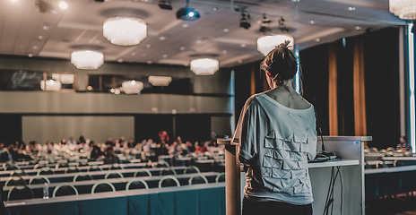 Image showing Public speaker giving talk at scientific conference.