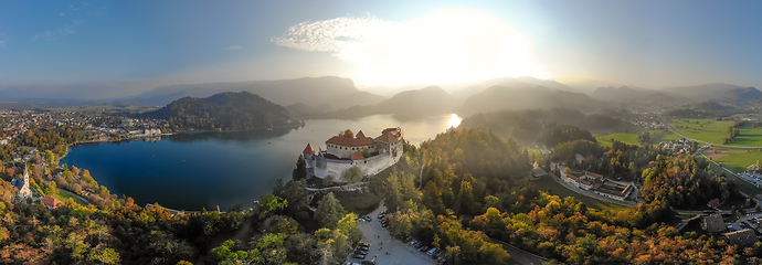 Image showing Aerial panoramic view of Lake Bled and the castle of Bled, Slovenia, Europe. Aerial drone photography