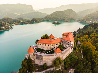 Image showing Aerial panoramic view of Lake Bled and the castle of Bled, Slovenia, Europe. Aerial drone photography