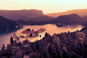 Image showing Aerial view of Bled Castle overlooking Lake Bled in Slovenia, Europe