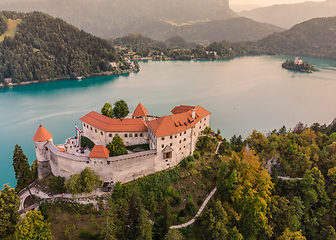 Image showing Aerial panoramic view of Lake Bled and the castle of Bled, Slovenia, Europe. Aerial drone photography