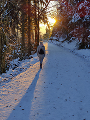 Image showing Woman hiking on snow in white winter forest berore the sunset. Recreation and healthy lifestyle outdoors in nature