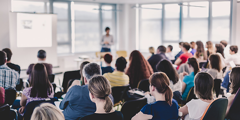 Image showing Speaker giving presentation on business conference.