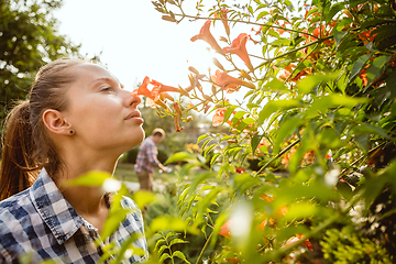 Image showing Young and happy farmer\'s couple at their garden in sunny day