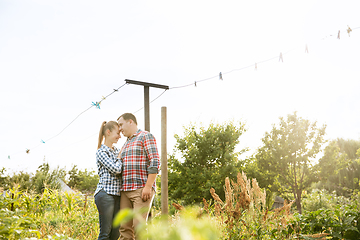 Image showing Young and happy farmer\'s couple at their garden in sunny day