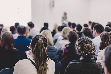 Image showing Woman giving presentation on business conference.