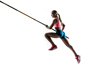 Image showing Female pole vaulter training on white studio background