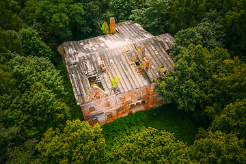 Image showing Dziemjanki, Gomel Region, Belarus. Aerial View Of Abandoned Dilapidated Manor House Gerard Nicholas Chernobyl Resettlement Zone. Chornobyl Catastrophe Disasters. Local Landmark And Heritage