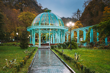 Image showing Borjomi, Samtskhe-Javakheti, Georgia. Pavilion Above Hot Spring Of Borjomi Mineral Water. Famous Local Landmark Is City Park At Autumn October Evening. Borjomi, Samtskhe-Javakheti, Georgia. Pavilion 