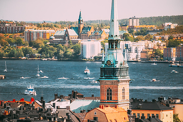 Image showing Stockholm, Sweden. Scenic View Of Skyline At Summer Day. Elevated View Of German St Gertrude\'s Church. Famous Popular Destination