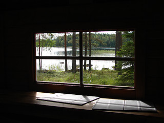 Image showing View of forest through sauna window