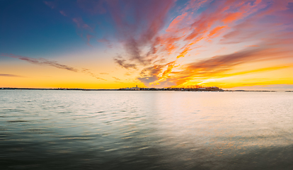 Image showing Helsinki, Finland. Suomenlinna Church In Fortress Of Suomenlinna Or Sveaborg And Partially Fortified Island Harakka At Sunrise Sunset Time. Panorama, panoramic view, Helsinki, Finland. Panorama Panor