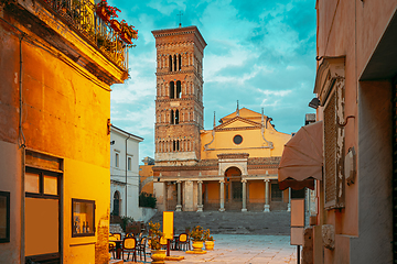 Image showing Terracina, Italy. Tower Of Cathedral Of San Cesareo In Night Time. It Built On Podium Of Temple Of Roma And Augustus