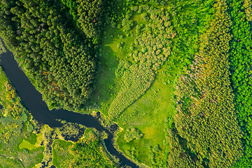 Image showing Aerial View Of Summer River Landscape In Sunny Summer Day. Top View Of Beautiful European Nature From High Attitude In Summer Season.