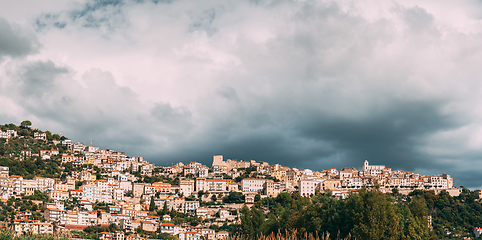 Image showing Monte San Biagio, Italy. Top View Of Residential Area. Cityscape In Autumn Day Under Blue Cloudy Sky