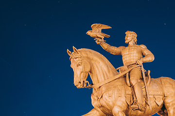 Image showing Vitebsk, Belarus. Monument To Algirdas With Falcon In Hand On Background Starry Sky