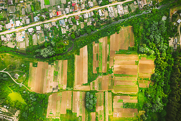 Image showing Aerial View Of Vegetable Gardens In Small Town Or Village. Skyline In Summer Evening. Village Garden Beds In Bird\'s-eye View