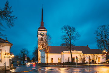 Image showing Kuressaare, Estonia. Kuressaare St. Lawrence Church In Blue Hour Evening Night. Street.