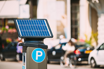 Image showing Stockholm, Sweden. Parking Machine Equipped With A Solar Battery For Recharging From Solar Energy Light. Electronic Payment That Issues A Permit To Parking Car.