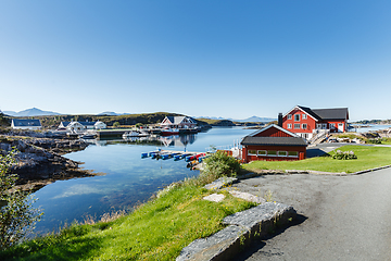 Image showing view on norwegian fjord with houses along coastline