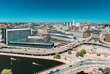 Image showing Stockholm, Sweden. Elevated View Of St. Clara Or Saint Klara Church In Summer Sunny Modern Cityscape Skyline.