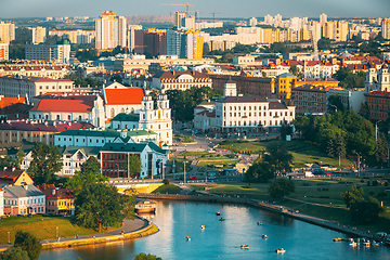 Image showing Minsk, Belarus. Cityscape of Minsk, Belarus. Summer season, sunset time. Nemiga district