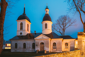 Image showing Kuressaare, Estonia. Church Of St. Nicholas In Blue Hour Evening Night. Street
