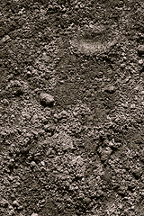 Image showing Black Dark Soil Dirt Background Texture, Natural Pattern. Flat Top View.