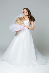 Image showing beautiful bride girl with spitz bride on gray background