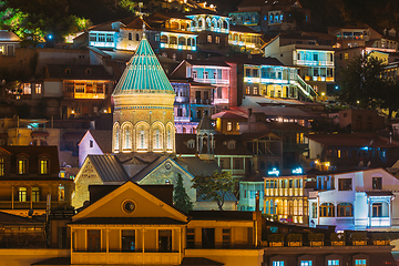 Image showing Tbilisi, Georgia. Saint George Armenian Cathedral Of Tbilisi. Church In Evening Or Night Illumination. Famous Landmark. Tbilisi, Georgia. Saint George Armenian Cathedral Of Tbilisi. Church In Evening