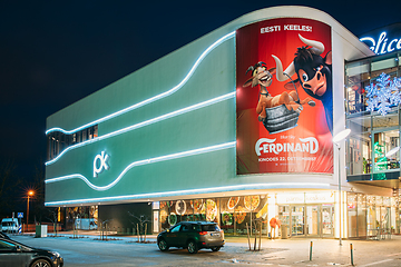 Image showing Parnu, Estonia. Night View Of Port Artur shopping centre in Christmas Xmas New Year Illuminations Decorations