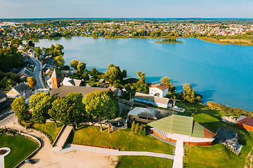 Image showing Braslav, Braslaw District, Vitebsk Voblast, Belarus. Aerial View Of Church of the Nativity of the Virgin Mary. Novyaty Lake