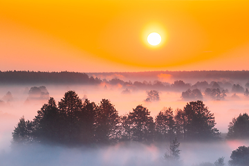 Image showing Amazing Sunrise Over Misty Landscape. Scenic View Of Foggy Morning Sky With Rising Sun Above Misty Forest And River. Early Summer Nature Of Eastern Europe. Sunset Dramatic Sunray Light Sunbeam