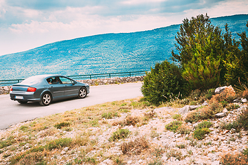 Image showing Verdon, France. car on road In French mountain nature landscape the Gorges Du Verdon in France. Provence-Alpes-Cote D\'Azur, France