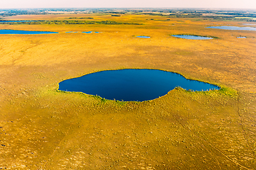 Image showing Miory District, Vitebsk Region, Belarus. The Yelnya Swamp. Upland And Transitional Bogs With Numerous Lakes. Elevated Aerial View Of Yelnya Nature Reserve Landscape. Famous Natural Landmark