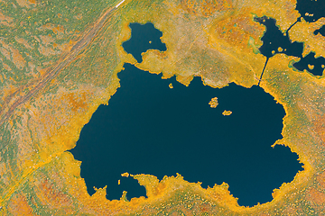 Image showing Miory District, Vitebsk Region, Belarus. The Yelnya Swamp. Upland And Transitional Bogs With Numerous Lakes. Elevated Aerial View Of Yelnya Nature Reserve Landscape. Famous Natural Landmark