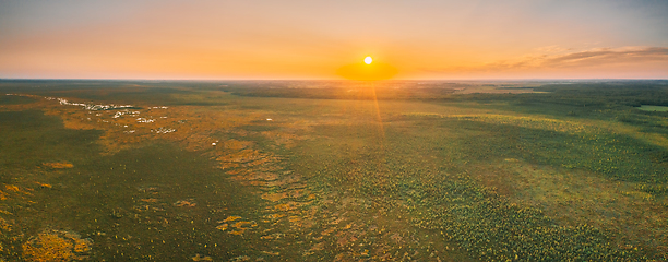 Image showing Miory District, Vitebsk Region, Belarus. The Yelnya Swamp. Upland And Transitional Bogs With Numerous Lakes. Elevated Aerial View Of Yelnya Nature Reserve Landscape. Famous Natural Landmark. Panorama