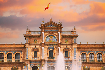 Image showing Seville, Spain. Famous landmark - Plaza de Espana in Seville, Andalusia, Spain. Renaissance Revival style. Spain Square. Altered Sunset Sky