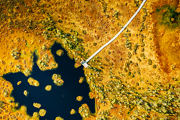 Image showing Miory District, Vitebsk Region, Belarus. The Yelnya Swamp. Aerial View Of Yelnya Nature Reserve Landscape. Narrow Wooden Hiking Trail Winding Through Marsh. Cognitive Boardwalk Trail Over A Wetland