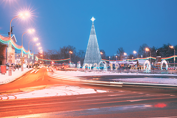 Image showing Christmas Tree And Festive Illumination On Lenin Square In Gomel. New Year In Belarus.