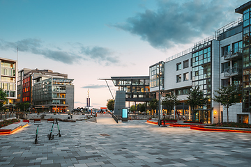 Image showing Oslo, Norway. Residential Multi-storey Houses In Aker Brygge District In Summer Evening. Famous And Popular Place.