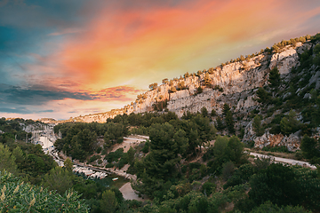 Image showing Cassis, Calanques, France. French Riviera. Beautiful Nature Of Cote De Azur On The Azure Coast Of France. Calanques - A Deep Bay Surrounded By High Cliffs. Altered Sunset Sky