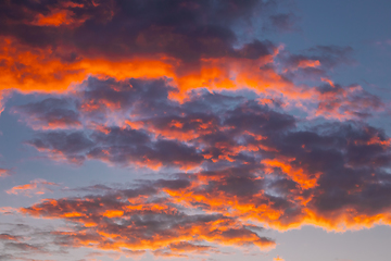 Image showing Sunrise Bright Dramatic Sky. Scenic Colorful Sky At Dawn. Sunset Sky Natural Abstract Background In Blue Pink Red Orange Colors