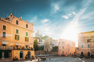 Image showing Terracina, Italy. Piazza Municipio And View Of Castle Castello Frangipane In Upper Town In Sunset Sunrise Time