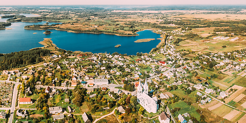 Image showing Slobodka, Braslaw District, Vitebsk Voblast, Belarus. Aerial View Of Potsekh Lake Near Slobodka Village. Church of Divine Providence. Panorama