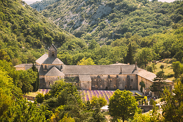 Image showing Notre-dame De Senanque Abbey, Vaucluse, France. Beautiful Landscape Lavender Field And An Ancient Monastery Abbaye Notre-dame De Senanque.